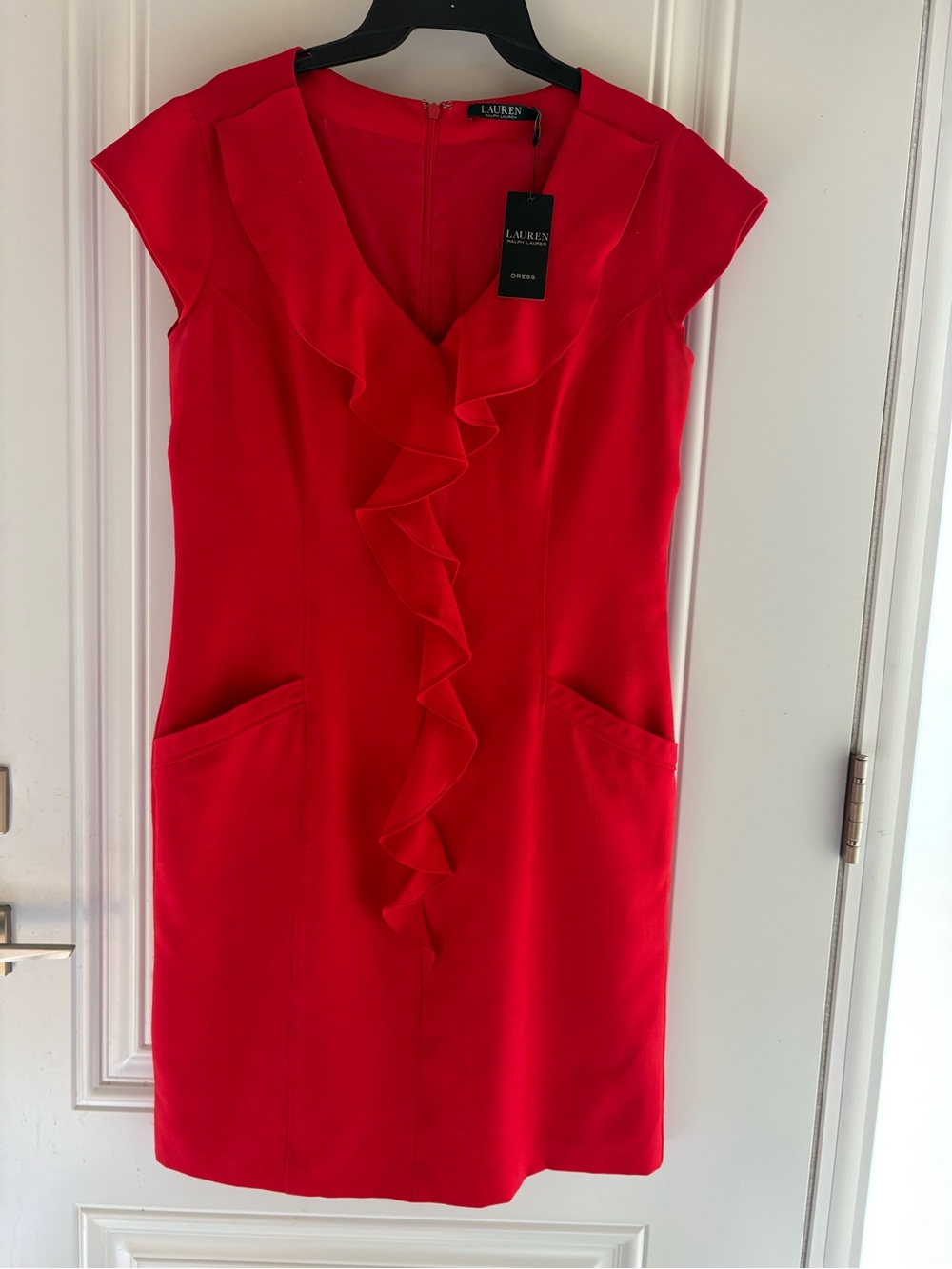 Lauren Ralph Lauren Bright Red Ruffle Sheath Mini Dress in Size Large